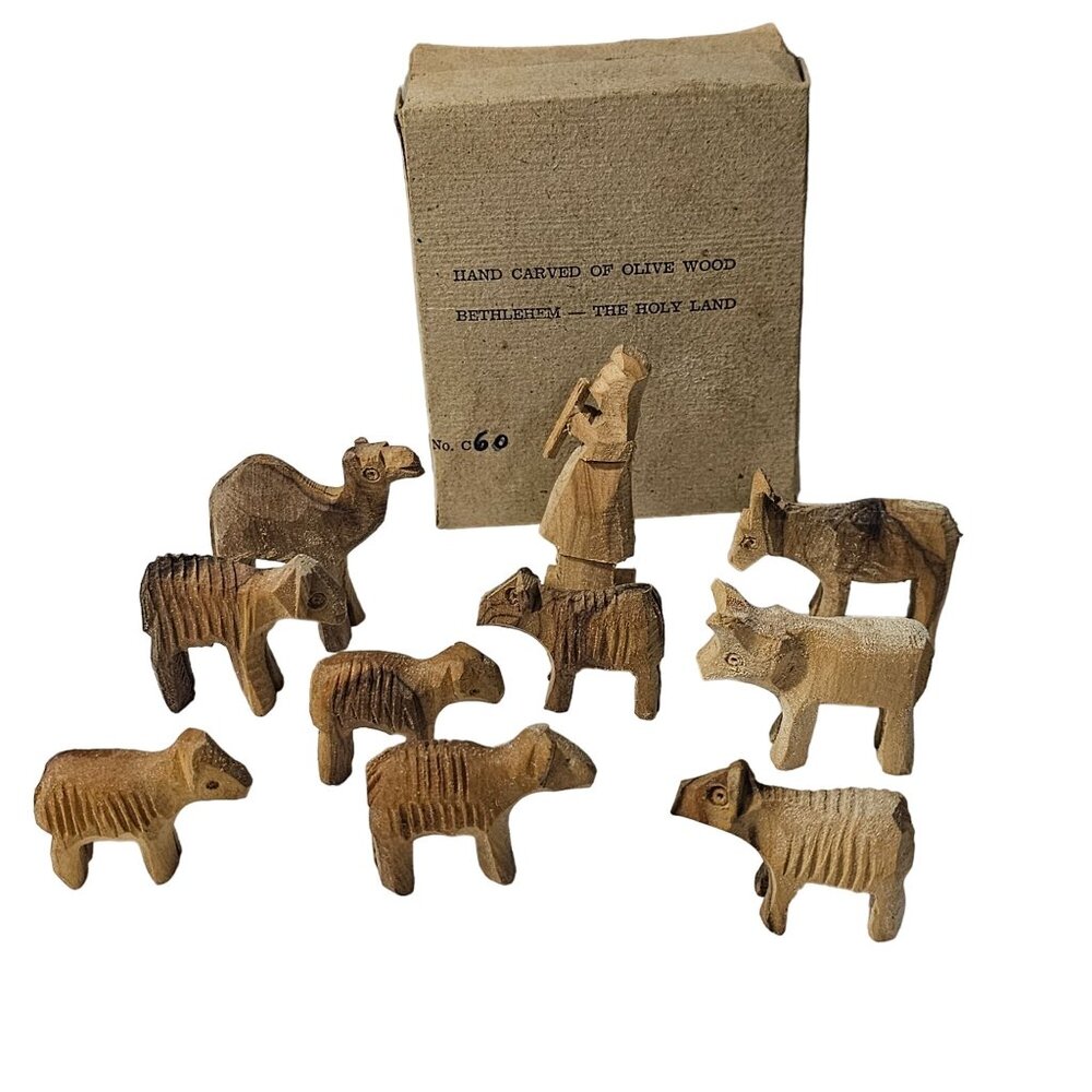 Hand Carved Olive Wood Shepherd Sheep Camel Donkey Cow Set Bethlehem Holy Land